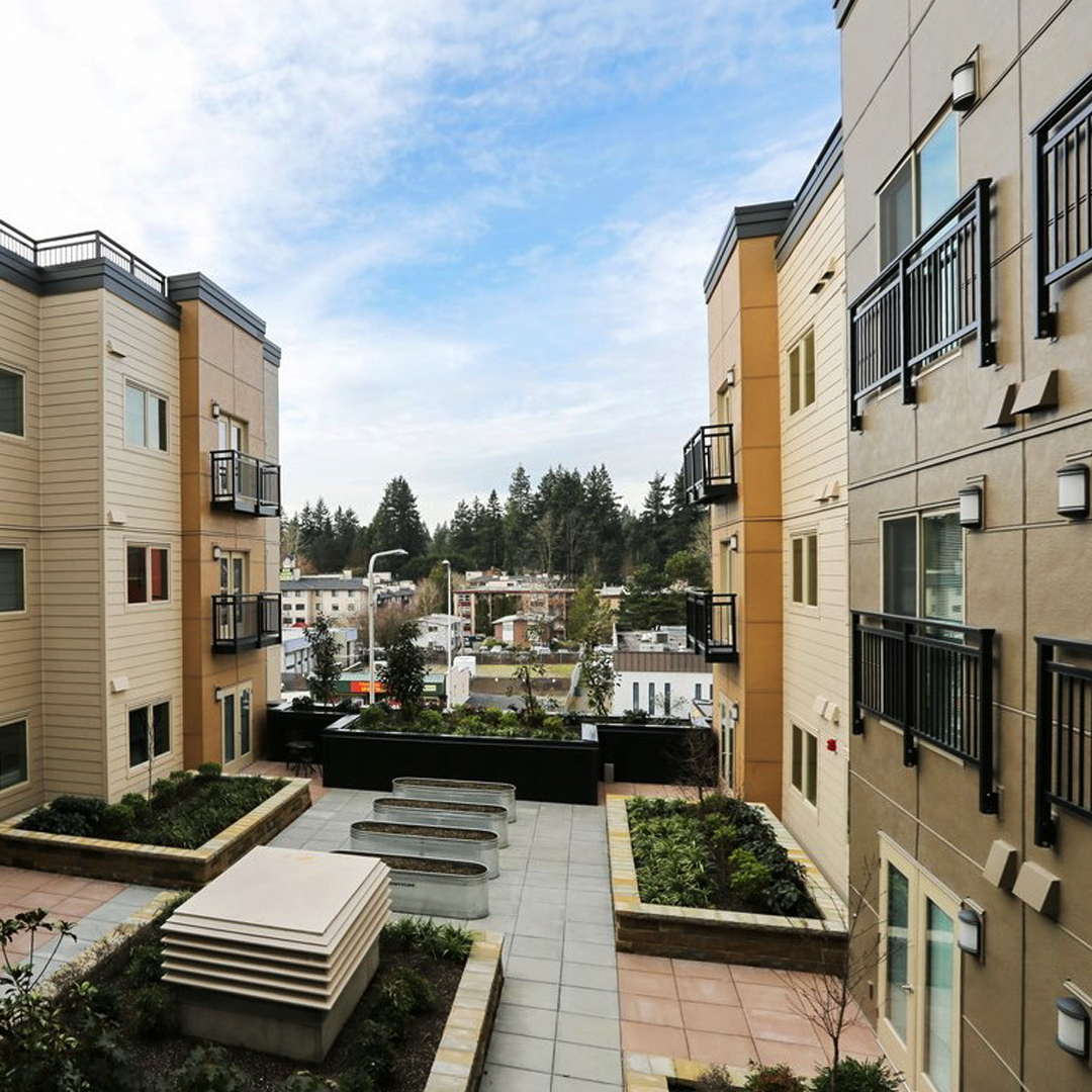 exterior shot of Lake City Way Senior Housing buildings and courtyard